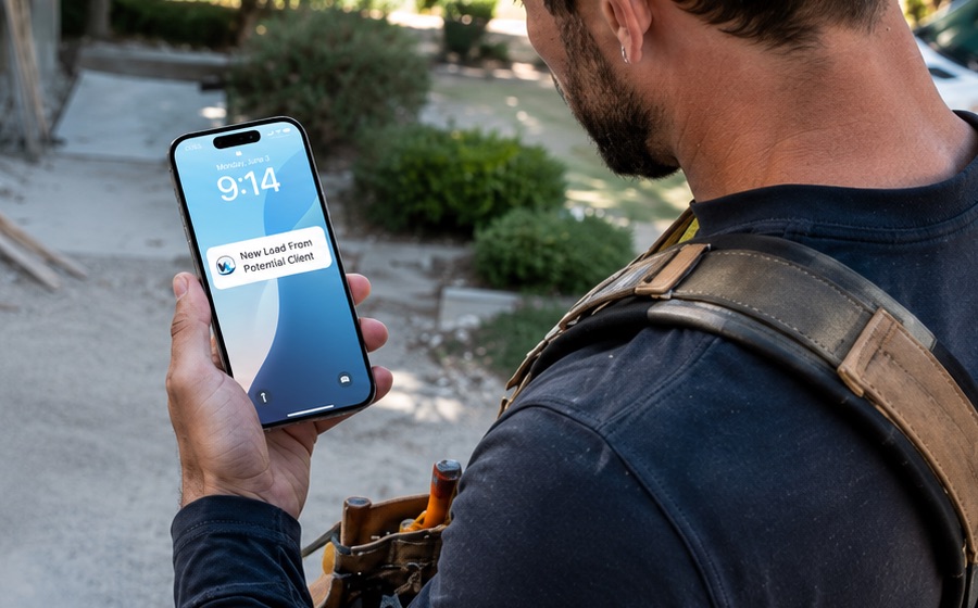 Contractor reading a new lead notification on his phone at a residential job site