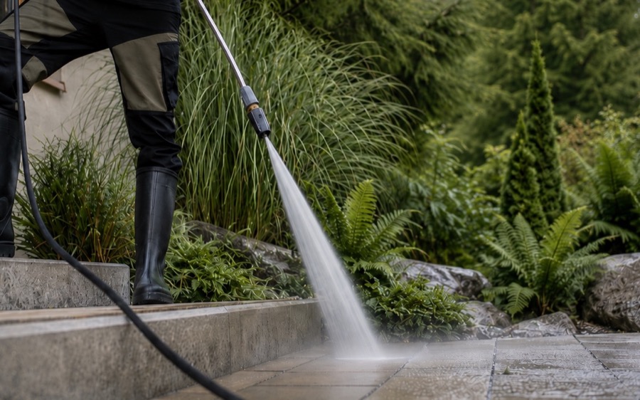 Pressure washing equipment cleaning a paver walkway at a BC home